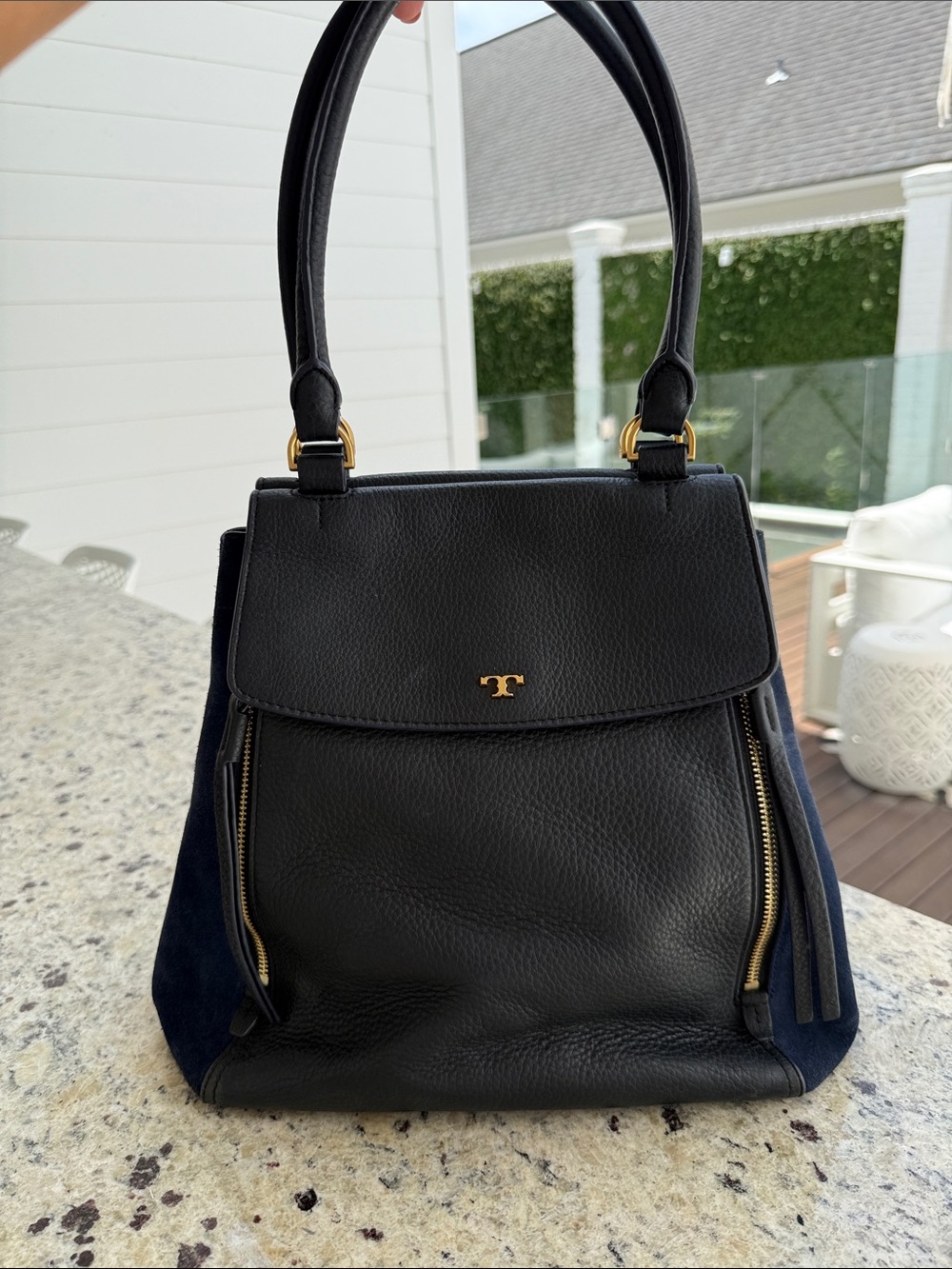 Tory Burch Black Leather with Navy Suede Top-Handle Satchel